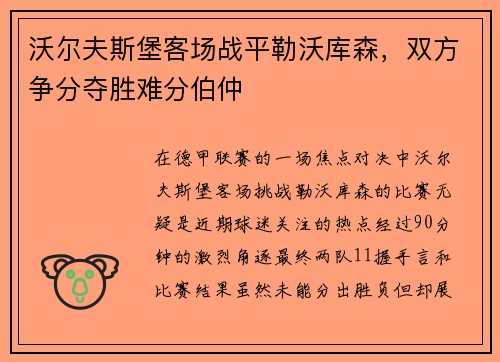 沃尔夫斯堡客场战平勒沃库森，双方争分夺胜难分伯仲